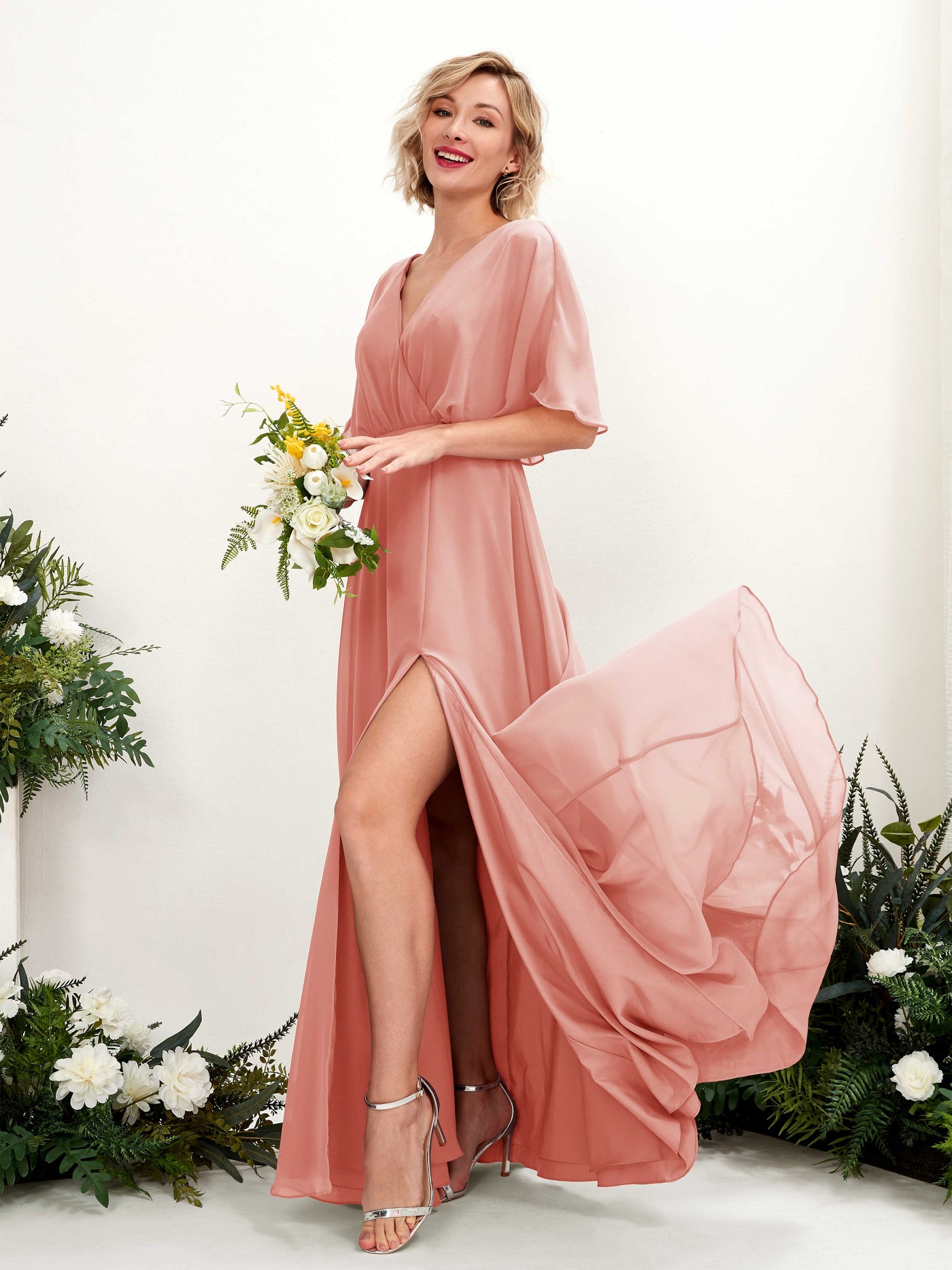 V-neck 1/2 Sleeves Chiffon Bridesmaid Dress - Champagne Rose (81225106)#color_champagne-rose