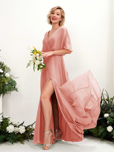 Carlyna Dhea A-Line Champagne Rose Bridesmaid Dress Maxi Short Sleeve V-Neck Dress Front View #color_champagne-rose