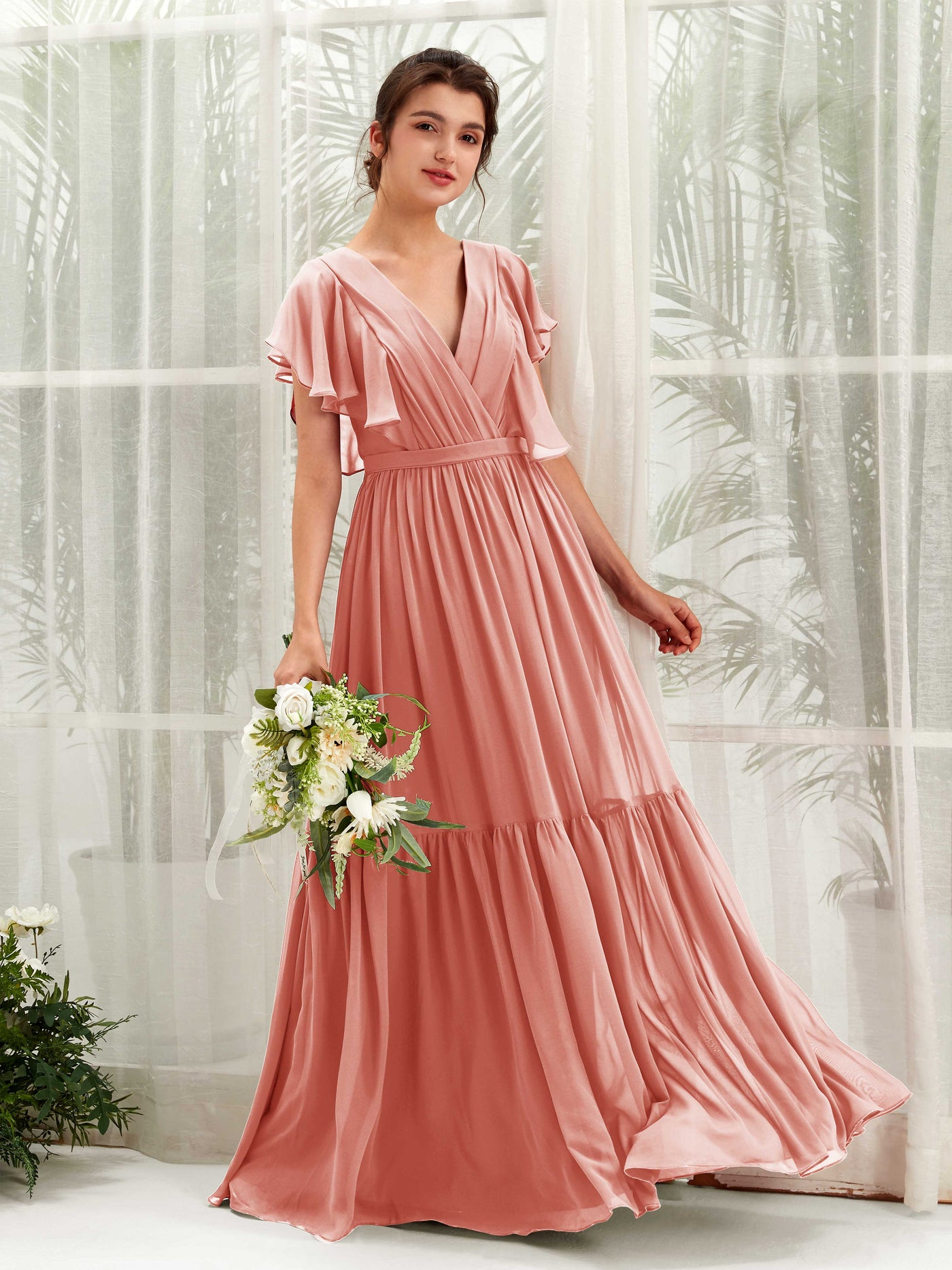V-neck Cap Sleeves Chiffon Bridesmaid Dress - Champagne Rose (81225906)#color_champagne-rose