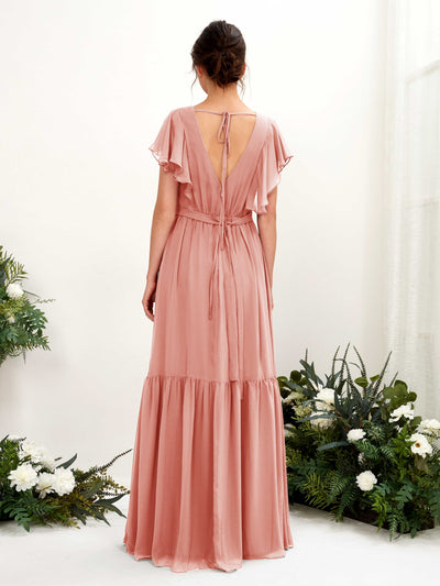 Carlyna Chaya A-Line Champagne Rose Bridesmaid Dress Maxi Cap Sleeve V-Neck Dress Back View #color_champagne-rose