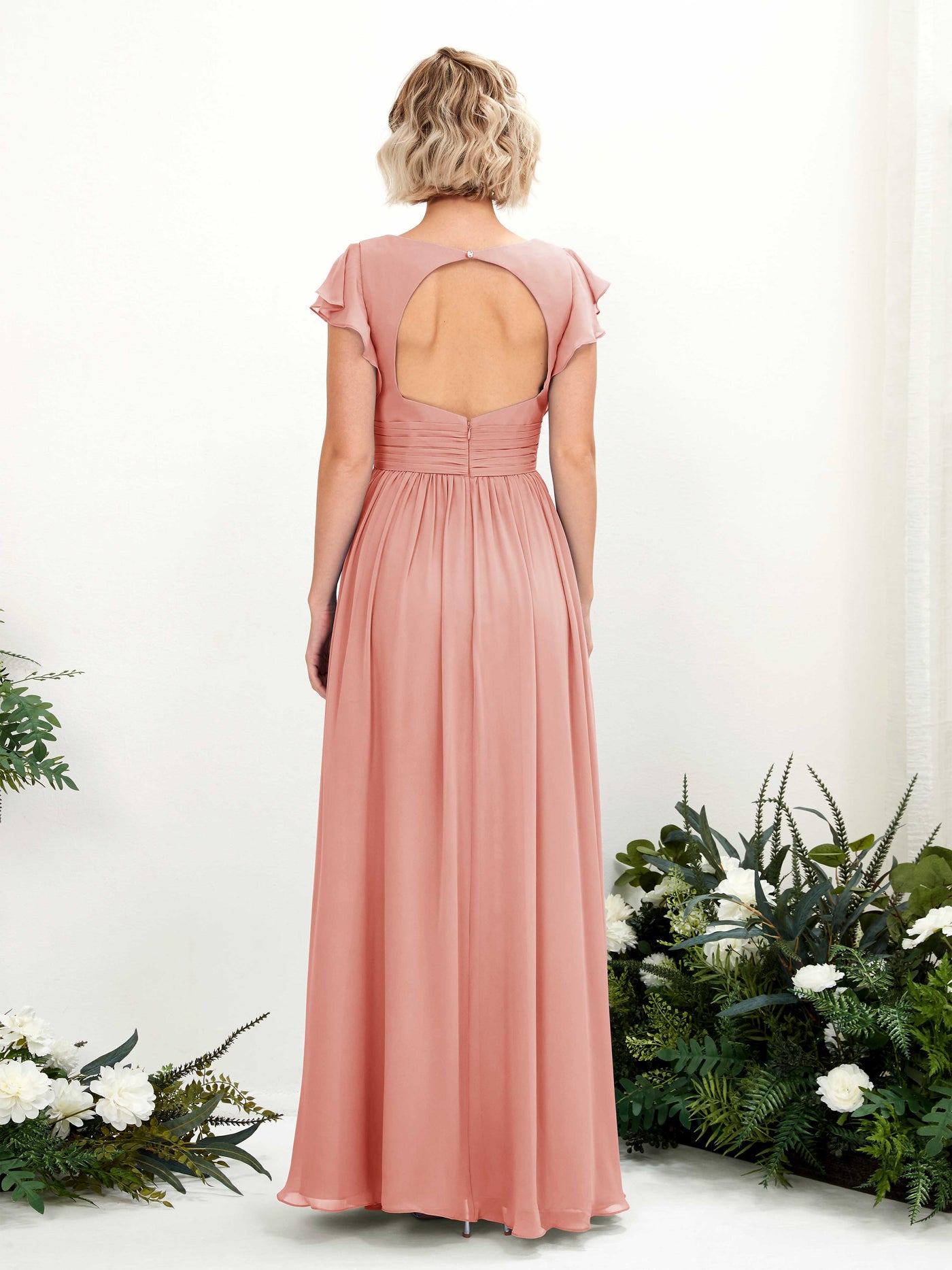 V-neck Short Sleeves Chiffon Bridesmaid Dress - Champagne Rose (81222706)#color_champagne-rose
