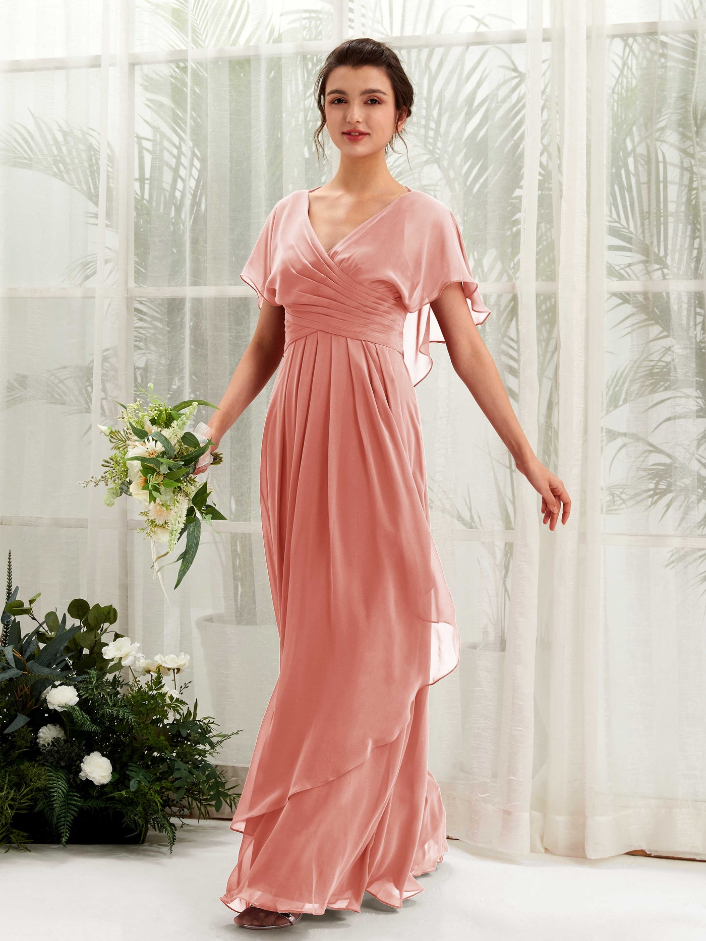 V-neck Short Sleeves Chiffon Bridesmaid Dress - Champagne Rose (81226106)#color_champagne-rose