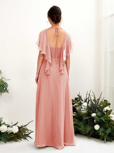 Carlyna Darlene A-Line Champagne Rose Bridesmaid Dress Maxi Short Sleeve V-Neck Dress Back View #color_champagne-rose