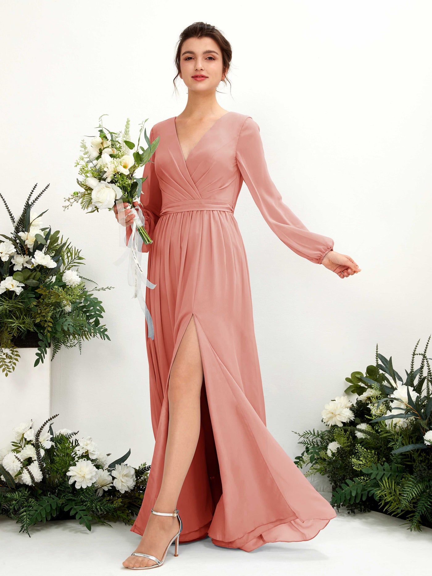 V-neck Long Sleeves Chiffon Bridesmaid Dress - Champagne Rose (81223806)#color_champagne-rose