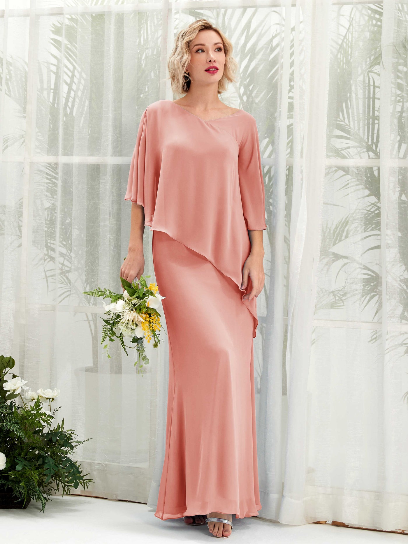 V-neck 3/4 Sleeves Chiffon Bridesmaid Dress - Champagne Rose (81222506)#color_champagne-rose