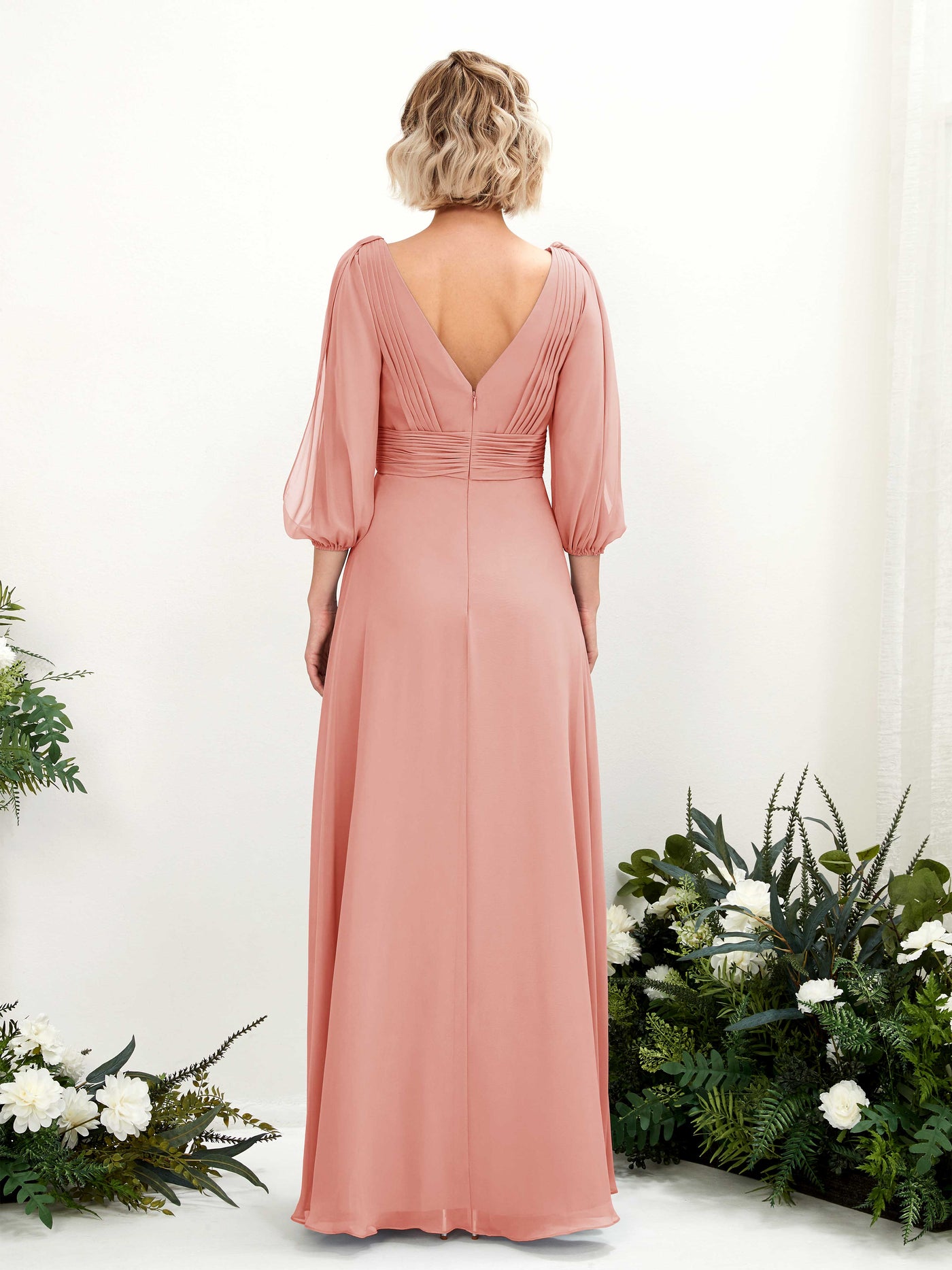 V-neck 3/4 Sleeves Chiffon Bridesmaid Dress - Champagne Rose (81223506)#color_champagne-rose