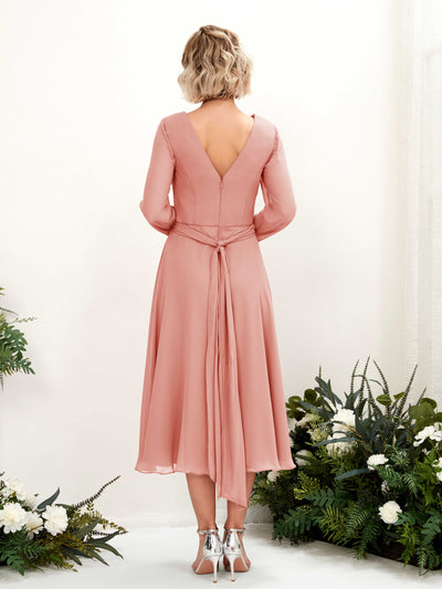 Carlyna Joanna A-Line Champagne Rose Bridesmaid Dress Midi Long Sleeve V-Neck  #color_champagne-rose