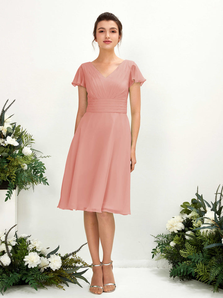 V-neck Short Sleeves Chiffon Bridesmaid Dress - Champagne Rose (81220206)
