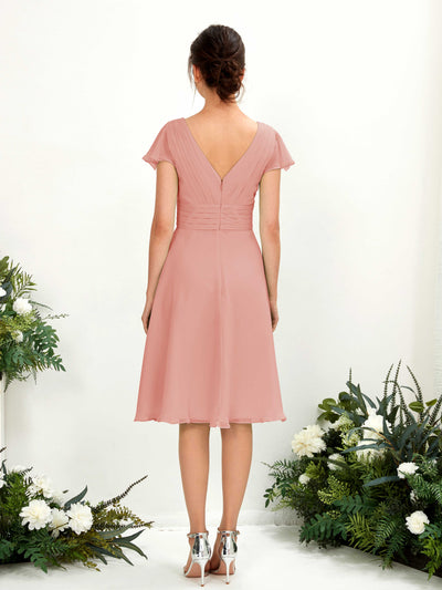 Carlyna Betty A-Line Champagne Rose Bridesmaid Dress Knee-Length Short Sleeve V-Neck Dress Back View #color_champagne-rose