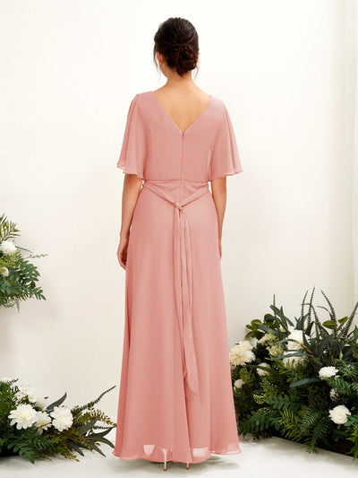 Carlyna Merta A-Line Champagne Rose Bridesmaid Dress Maxi Short Sleeve V-Neck Dress #color_champagne-rose