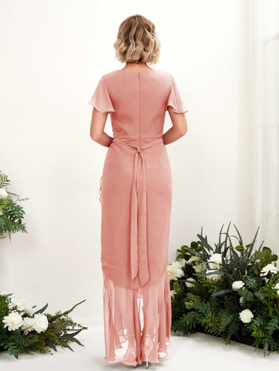 Carlyna Eartha Mermaid Champagne Rose Bridesmaid Dress Maxi Cap Sleeve V-Neck Dress Back View #color_champagne-rose