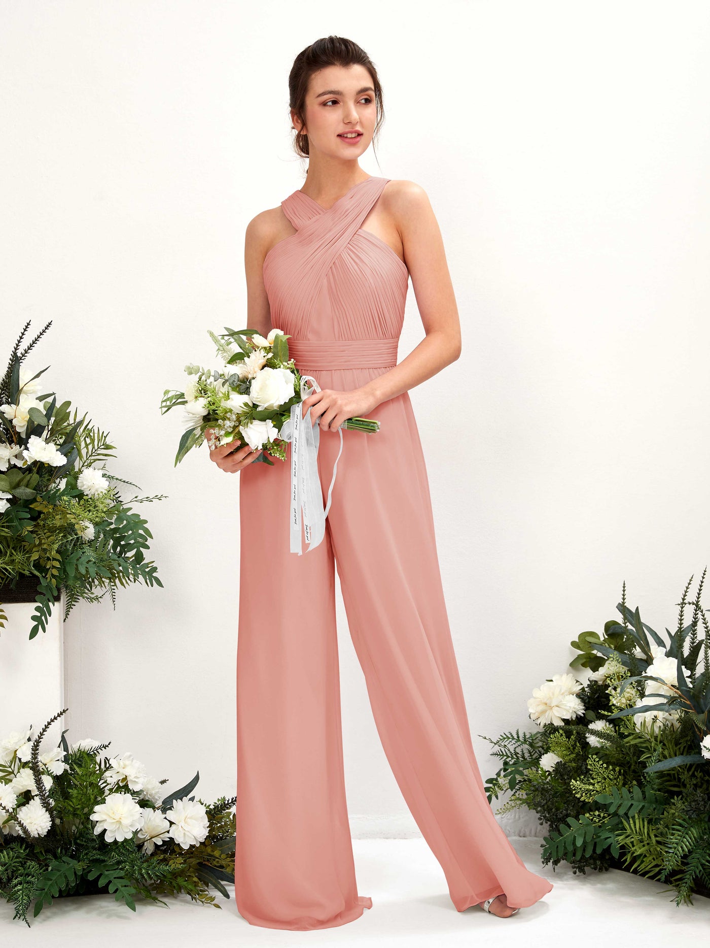 V-neck Sleeveless Chiffon Bridesmaid Dress Wide-Leg Jumpsuit - Champagne Rose (81220706)#color_champagne-rose