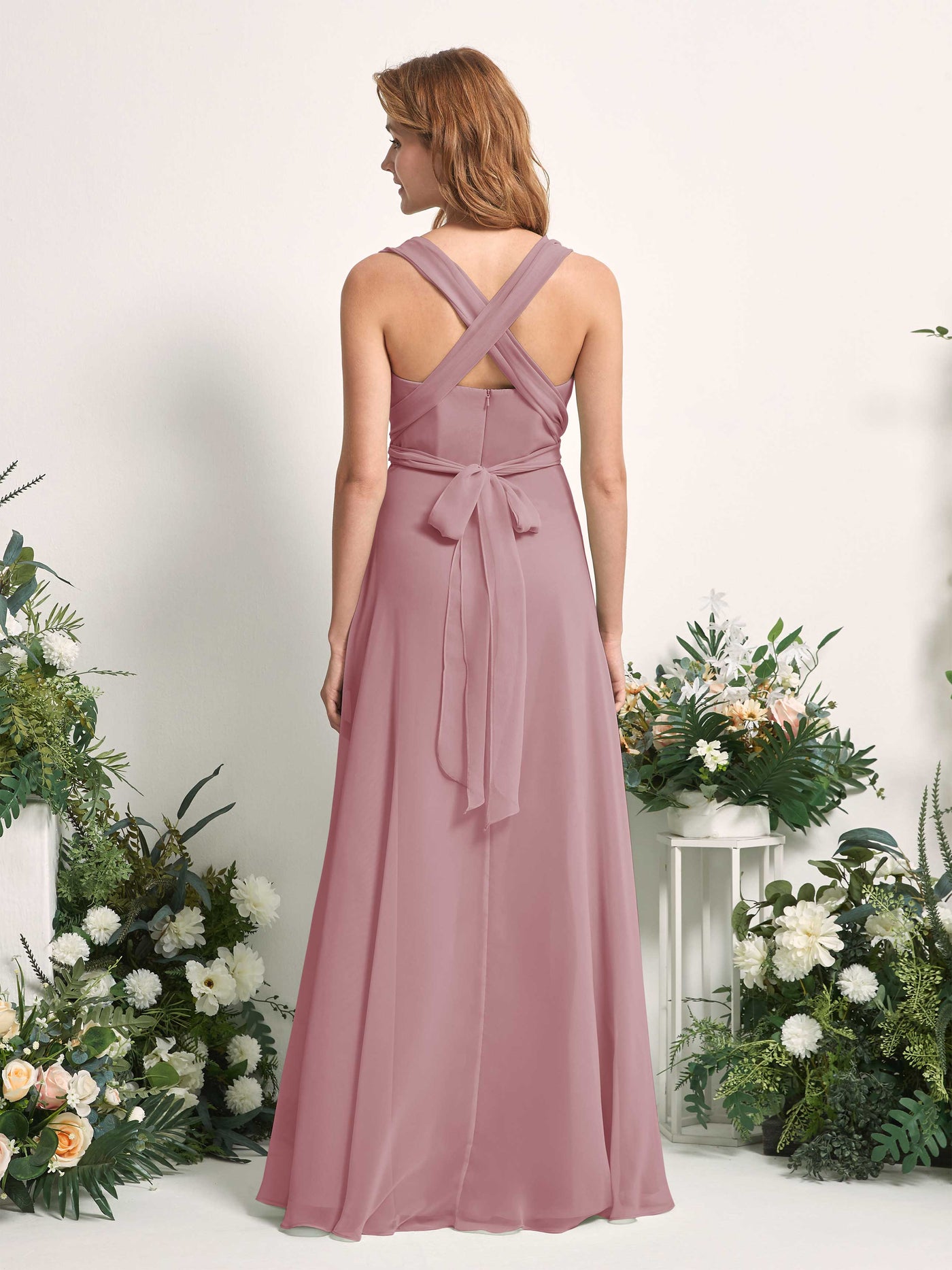 Bridesmaid Dress A-line Chiffon Halter Full Length Short Sleeves Wedding Party Dress - Vintage Mauve (81226301)#color_vintage-mauve