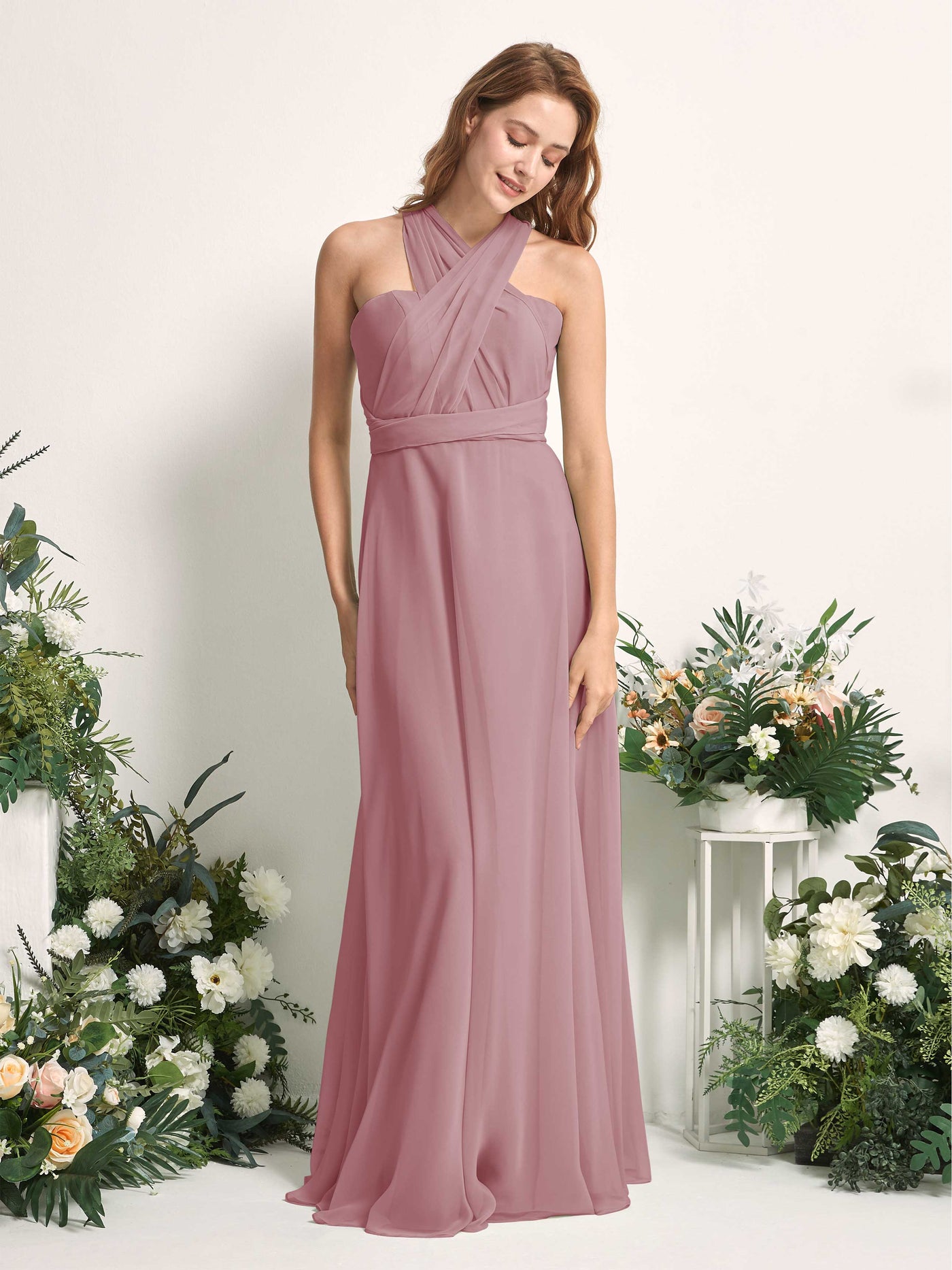 Bridesmaid Dress A-line Chiffon Halter Full Length Short Sleeves Wedding Party Dress - Vintage Mauve (81226301)#color_vintage-mauve