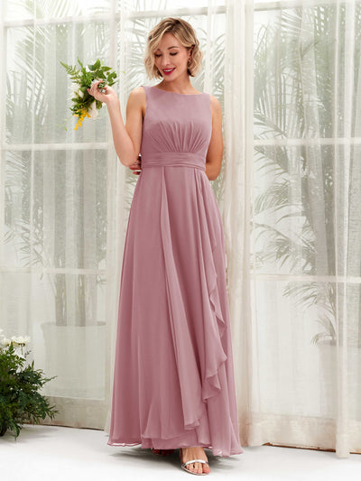 Carlyna Brianna A-Line Vintage Mauve Bridesmaid Dress Maxi Sleeveless Boat Neck Dress Front View #color_vintage-mauve