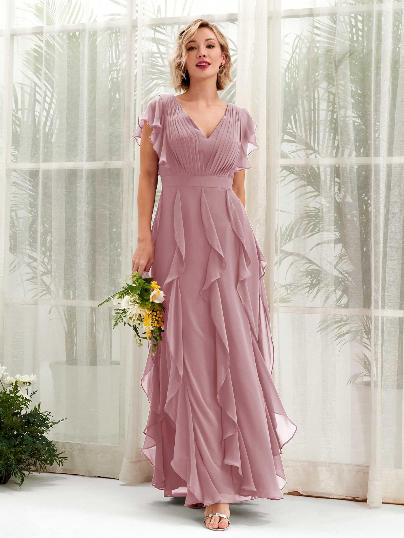 A-line V-neck Short Sleeves Chiffon Bridesmaid Dress - Vintage Mauve (81226001)#color_vintage-mauve