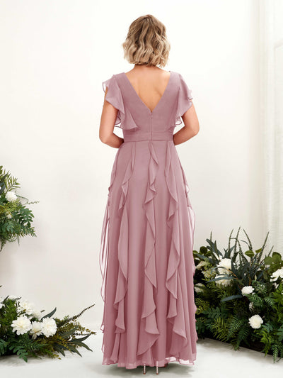 Carlyna Cynthia A-Line Vintage Mauve Bridesmaid Dress Maxi Cap Sleeve V-Neck Dress Back View #color_vintage-mauve