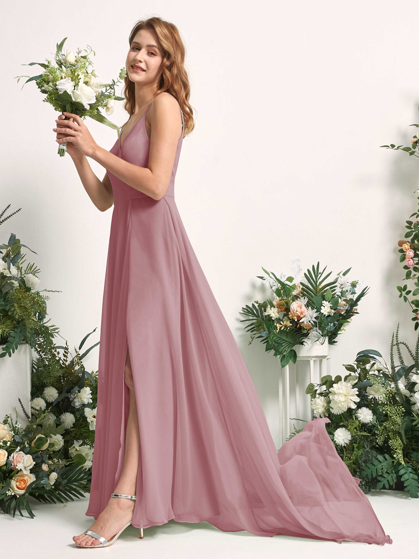 Bridesmaid Dress A-line Chiffon Spaghetti-straps Full Length Sleeveless Wedding Party Dress - Vintage Mauve (81227701)#color_vintage-mauve