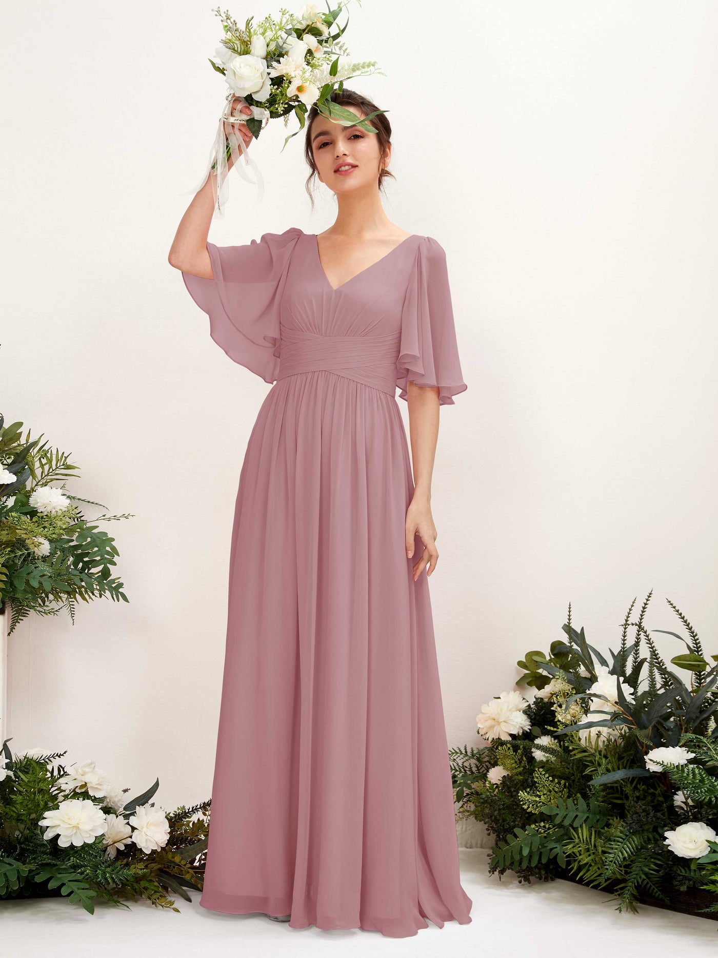 A-line V-neck 1/2 Sleeves Chiffon Bridesmaid Dress - Vintage Mauve (81221601)#color_vintage-mauve