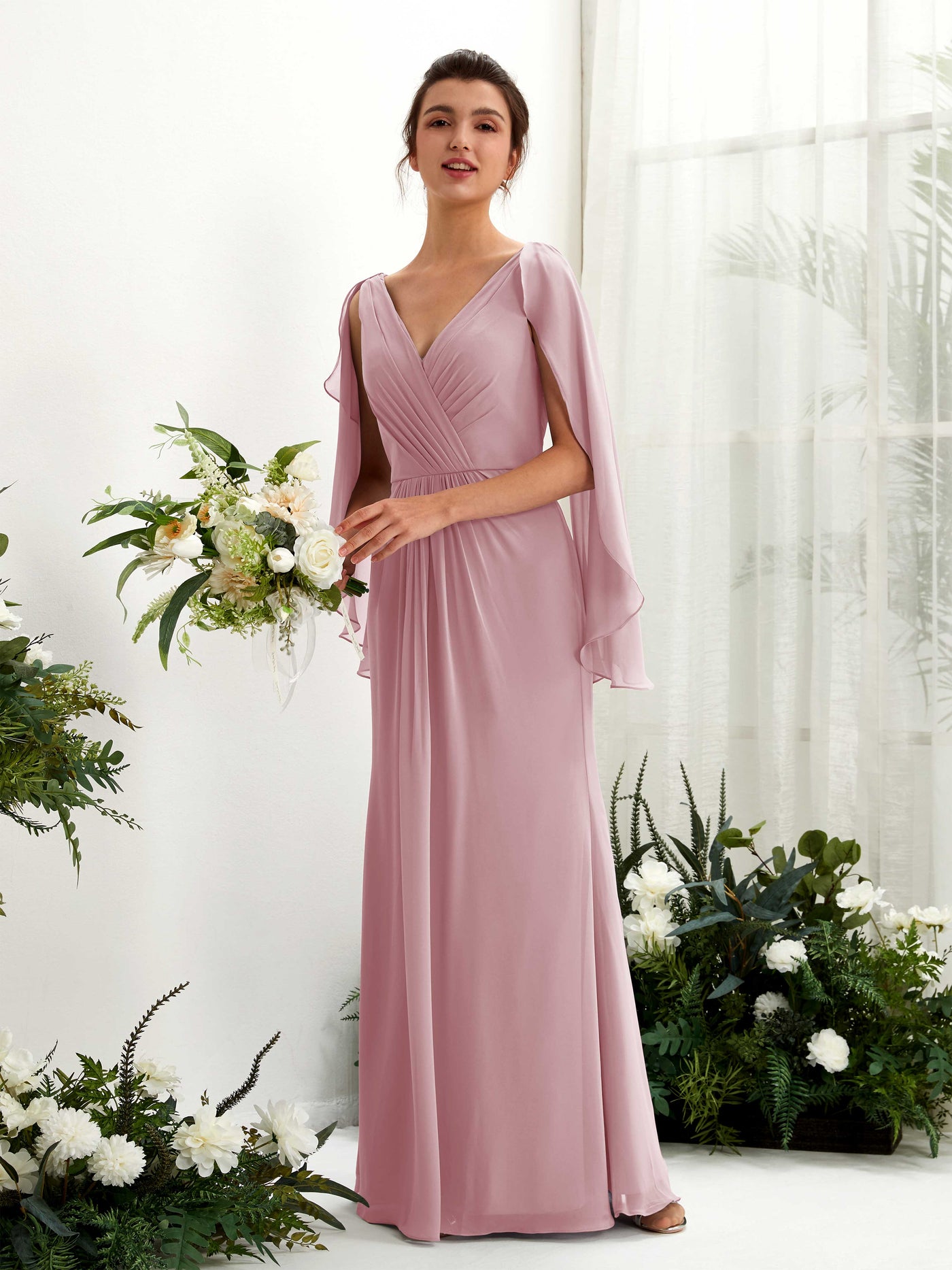 A-line V-neck Chiffon Bridesmaid Dress - Vintage Mauve (80220101)#color_vintage-mauve