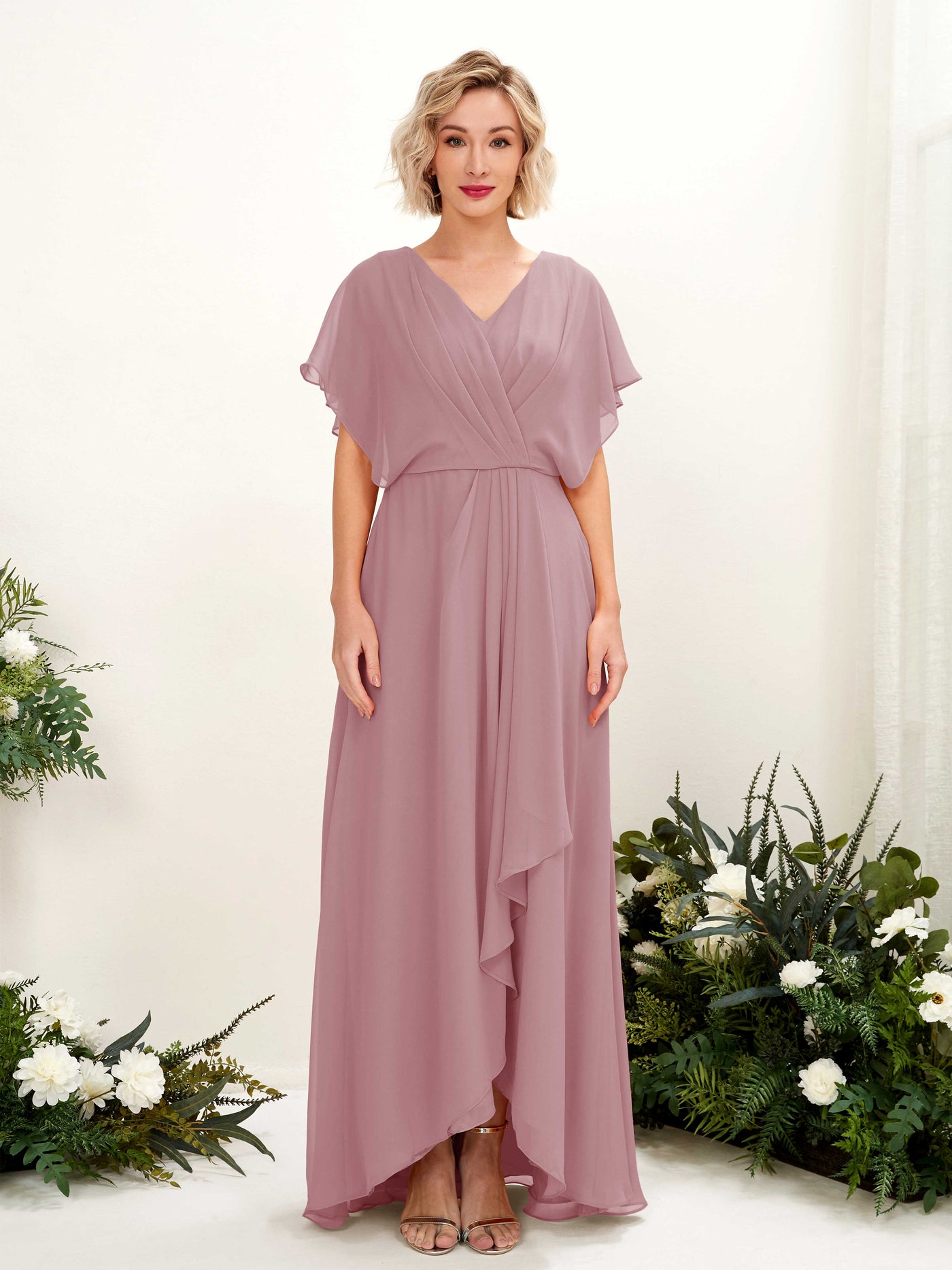 A-line V-neck Short Sleeves Chiffon Bridesmaid Dress - Vintage Mauve (81222101)#color_vintage-mauve