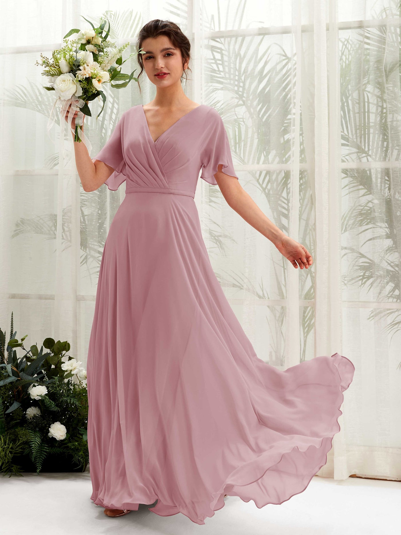 A-line V-neck Short Sleeves Chiffon Bridesmaid Dress - Vintage Mauve (81224601)#color_vintage-mauve