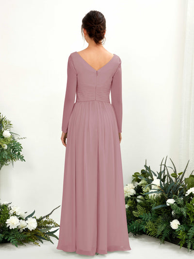 Carlyna Coline A-Line Vintage Mauve Bridesmaid Dress Maxi Long Sleeve V-Neck Back View #color_vintage-mauve