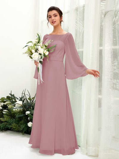 Carlyna Elie A-Line Vintage Mauve Bridesmaid Dress Maxi Long Sleeve Boat Neck Front View #color_vintage-mauve