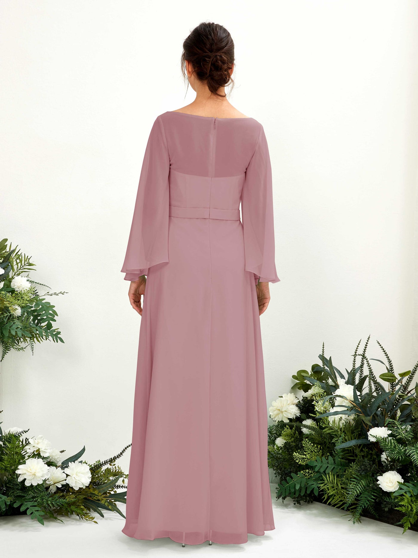Bateau Illusion Long Sleeves Chiffon Bridesmaid Dress - Vintage Mauve (81220501)#color_vintage-mauve