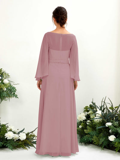 Carlyna Elie A-Line Vintage Mauve Bridesmaid Dress Maxi Long Sleeve Boat Neck Back View #color_vintage-mauve