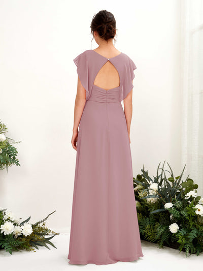 Carlyna Annie A-Line Vintage Mauve Bridesmaid Dress Maxi Cap Sleeve V-Neck Dress Back View #color_vintage-mauve
