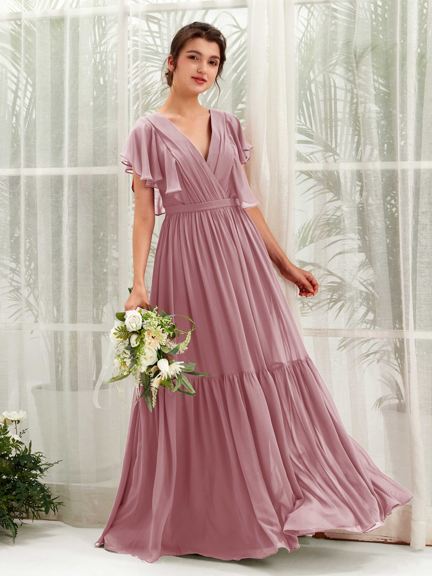 V-neck Cap Sleeves Chiffon Bridesmaid Dress - Vintage Mauve (81225901)#color_vintage-mauve