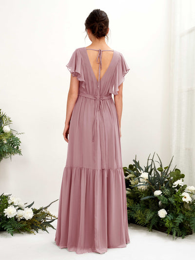 Carlyna Chaya A-Line Vintage Mauve Bridesmaid Dress Maxi Cap Sleeve V-Neck Dress Back View #color_vintage-mauve