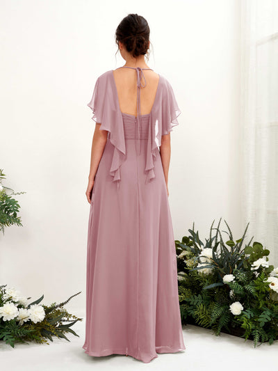 Carlyna Darlene A-Line Vintage Mauve Bridesmaid Dress Maxi Short Sleeve V-Neck Dress Back View #color_vintage-mauve