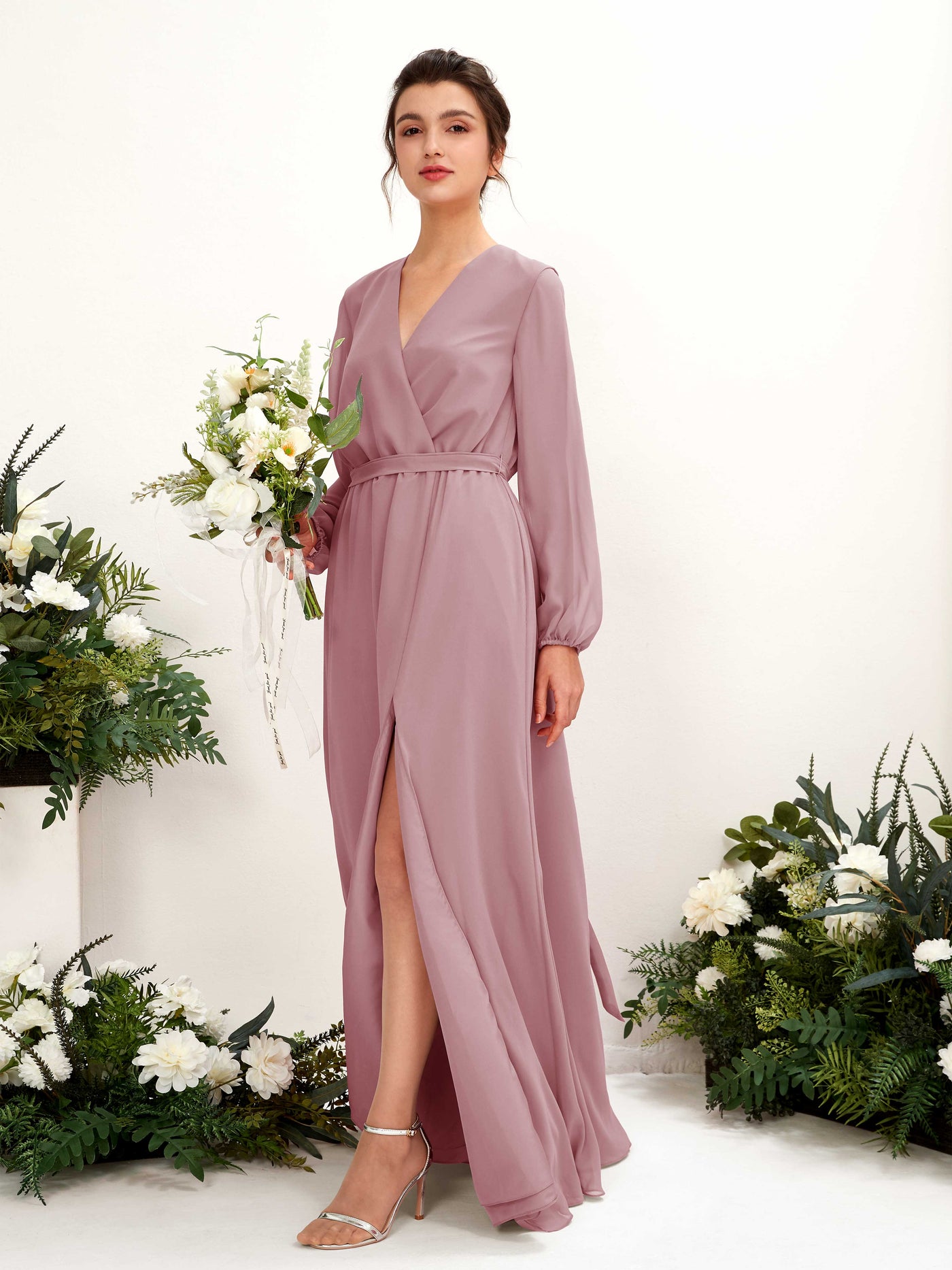 V-neck Long Sleeves Chiffon Bridesmaid Dress - Vintage Mauve (81223201)#color_vintage-mauve