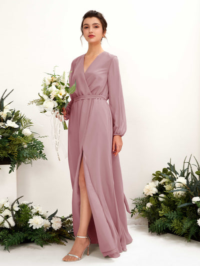 Carlyna Elsie A-Line Vintage Mauve Bridesmaid Dress Maxi Long Sleeve V-Neck Front View #color_vintage-mauve