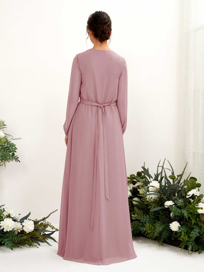 Carlyna Elsie A-Line Vintage Mauve Bridesmaid Dress Maxi Long Sleeve V-Neck Back View #color_vintage-mauve