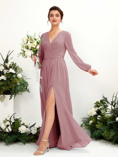 Carlyna Ginny A-Line Vintage Mauve Bridesmaid Dress Maxi Long Sleeve V-Neck Front View #color_vintage-mauve