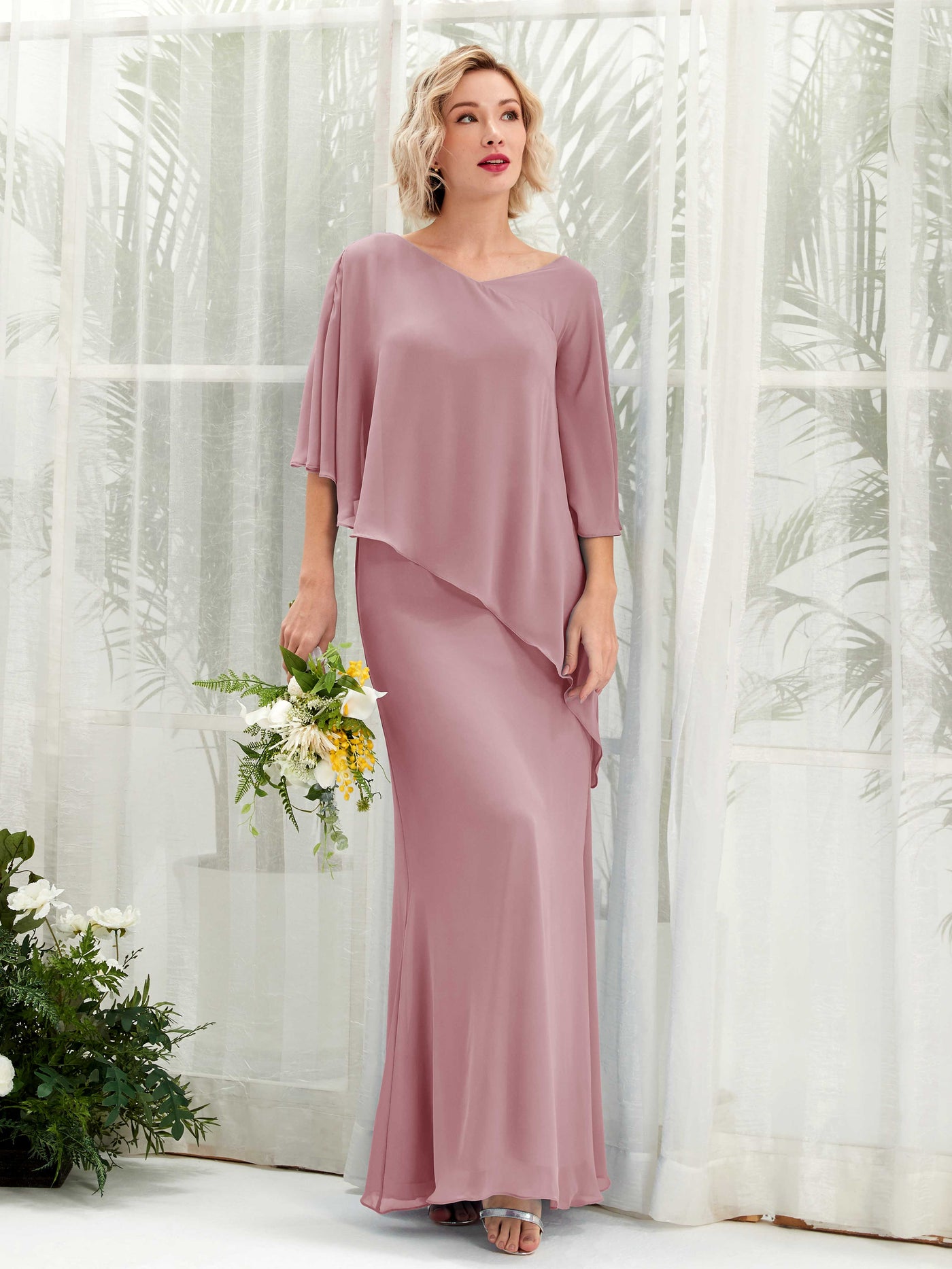 V-neck 3/4 Sleeves Chiffon Bridesmaid Dress - Vintage Mauve (81222501)#color_vintage-mauve