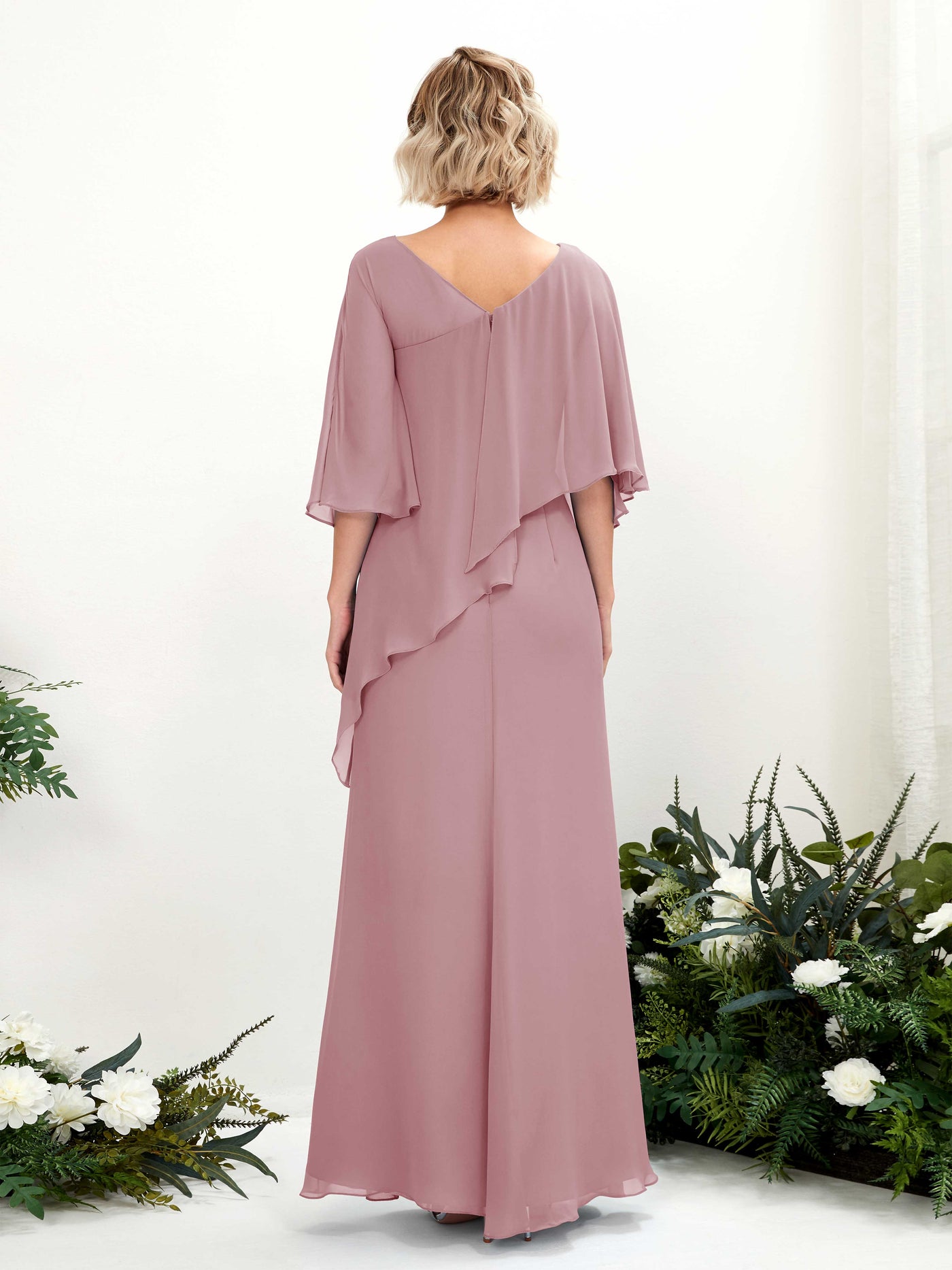 V-neck 3/4 Sleeves Chiffon Bridesmaid Dress - Vintage Mauve (81222501)#color_vintage-mauve