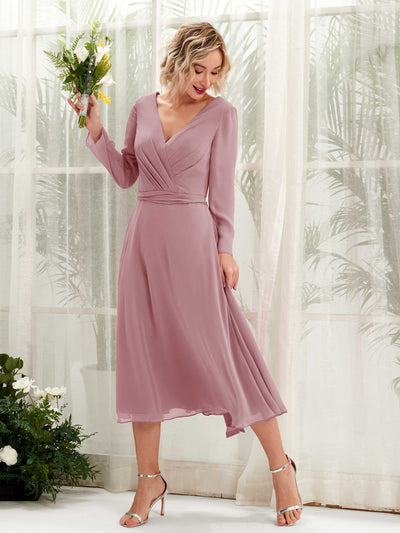 Carlyna Joanna A-Line Vintage Mauve Bridesmaid Dress Midi Long Sleeve V-Neck  #color_vintage-mauve