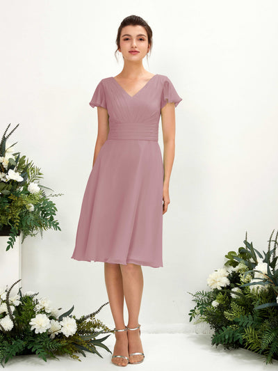 Carlyna Betty A-Line Vintage Mauve Bridesmaid Dress Knee-Length Short Sleeve V-Neck Dress Front View #color_vintage-mauve