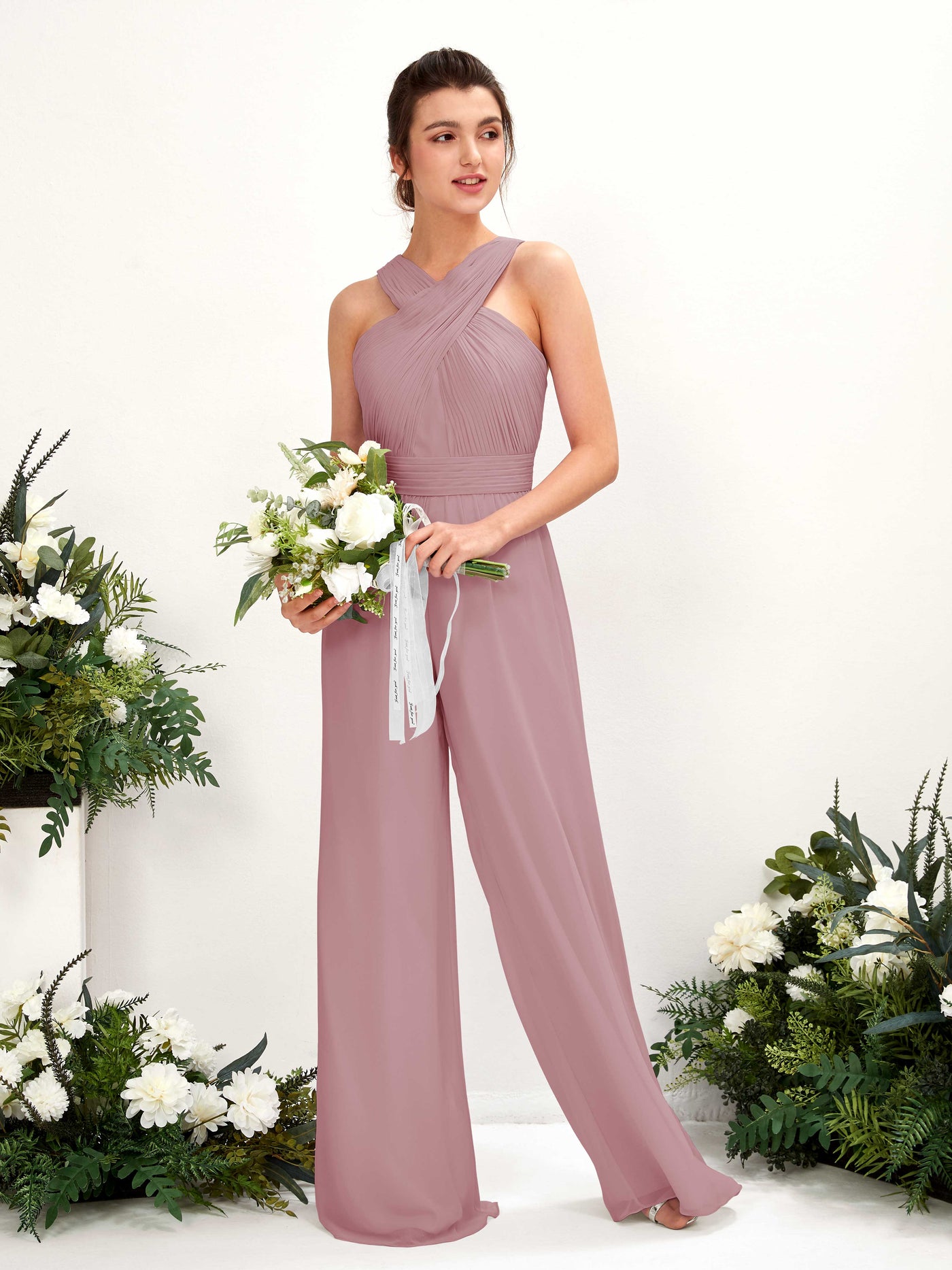 V-neck Sleeveless Chiffon Bridesmaid Dress Wide-Leg Jumpsuit - Vintage Mauve (81220701)#color_vintage-mauve