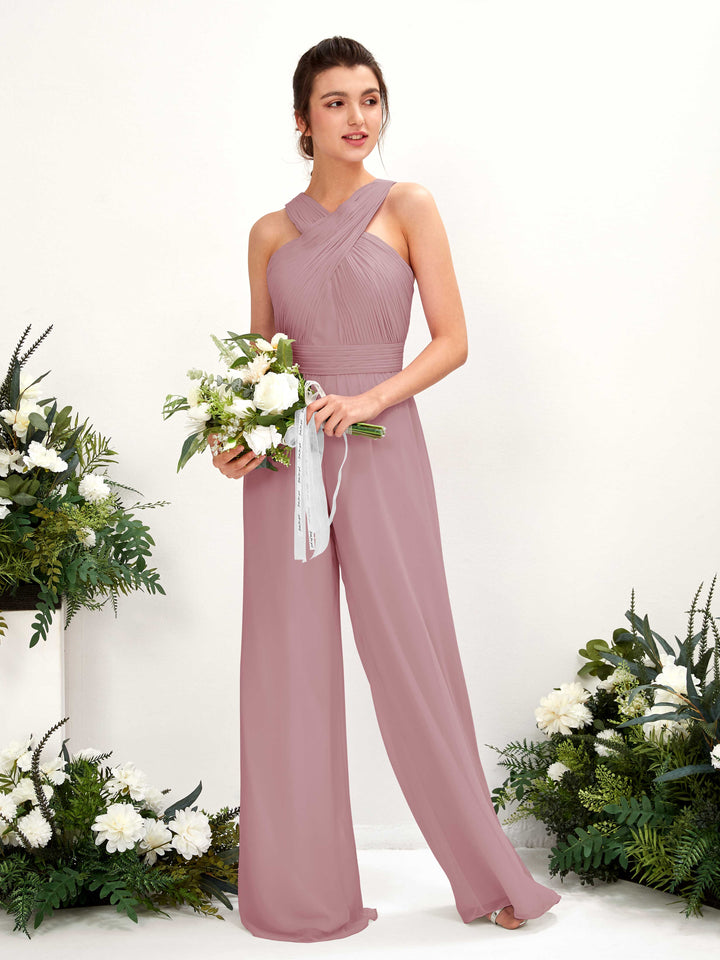 V-neck Sleeveless Chiffon Bridesmaid Dress Wide-Leg Jumpsuit - Vintage Mauve (81220701)