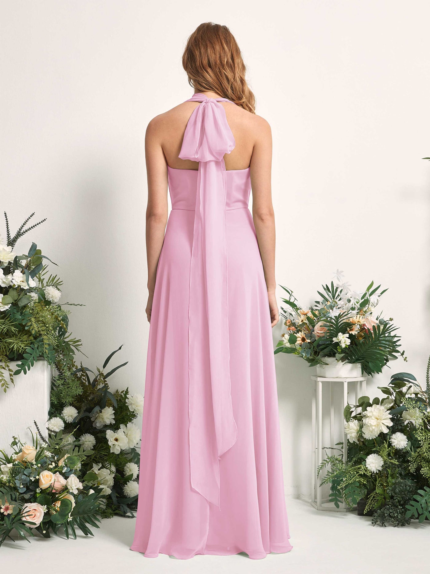 Bridesmaid Dress A-line Chiffon Halter Full Length Short Sleeves Wedding Party Dress - Candy Pink (81226339)#color_candy-pink