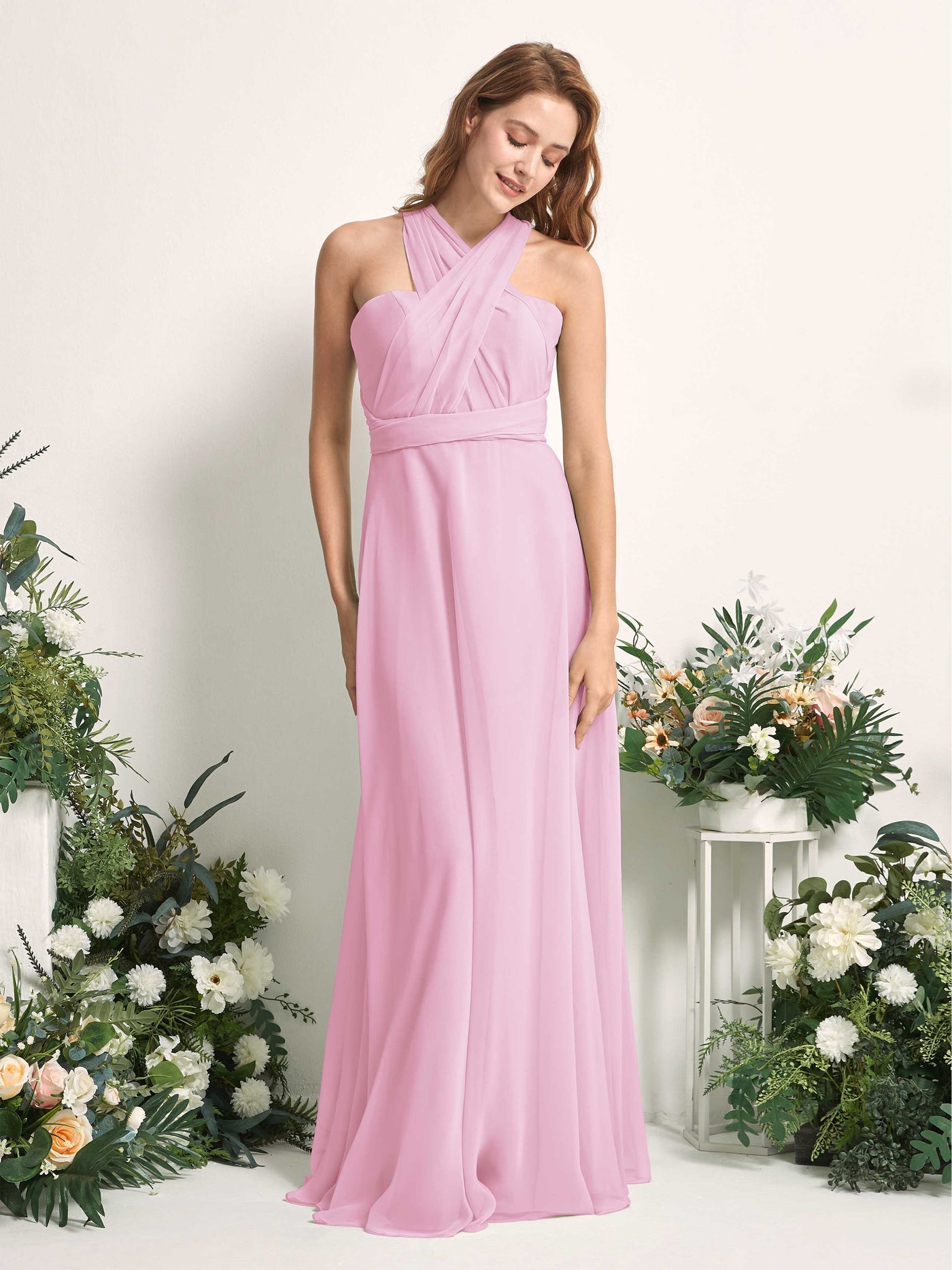 Bridesmaid Dress A-line Chiffon Halter Full Length Short Sleeves Wedding Party Dress - Candy Pink (81226339)#color_candy-pink