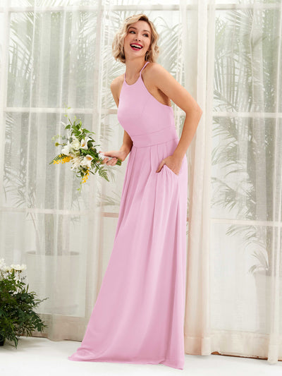 Carlyna Frances A-Line Candy Pink Bridesmaid Dress Maxi Sleeveless Round Neck Dress Front View #color_candy-pink