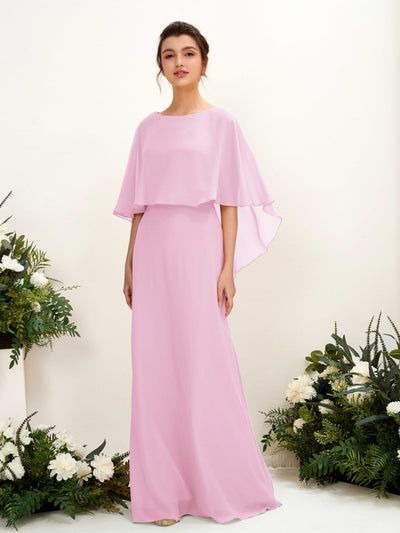 Carlyna Savin Sheath Candy Pink Bridesmaid Dress Maxi Cap Sleeve Boat Neck Dress #color_candy-pink