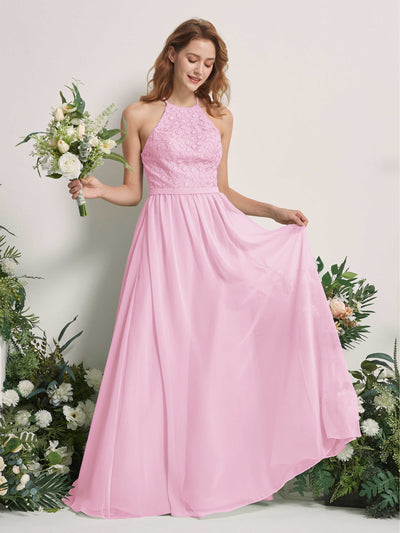 Carlyna Denise A-Line Candy Pink Embroidered Bridesmaid Dress Maxi Sleeveless Round Neck Dress Front View #color_candy-pink