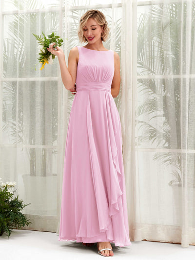 Carlyna Brianna A-Line Candy Pink Bridesmaid Dress Maxi Sleeveless Boat Neck Dress Front View #color_candy-pink